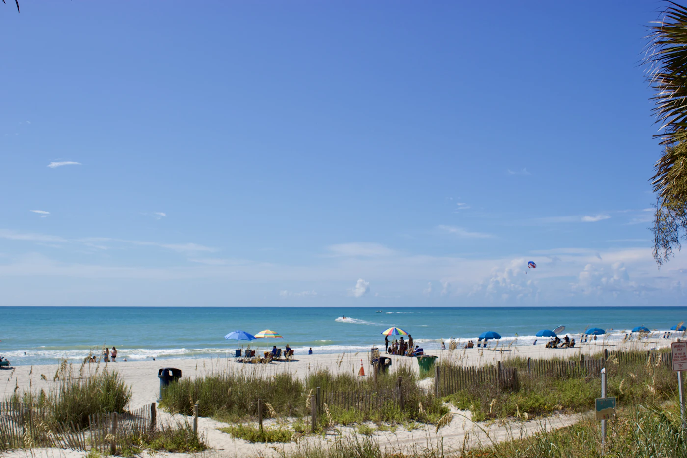Myrtle Beach shoreline with beachgoers and umbrellas
