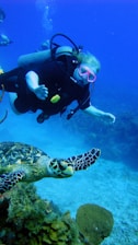 A scuba diver wearing pink goggles and a black wetsuit swims underwater near a sea turtle. The turtle is swimming close to a coral reef with intricate patterns on its shell. The background features the deep blue color of the ocean, giving a serene and adventurous atmosphere.