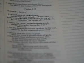A close-up of a page from a book, specifically showing Psalm 135 with text focused on praise and worship. The text is clearly visible and legible, with a portion emphasized by slightly larger and bold font.