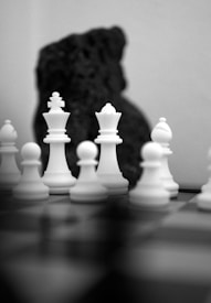 An arrangement of white chess pieces stands prominently on a chessboard. The pieces, including a king and several pawns, are positioned in focus, while the background appears blurred. The monochrome color scheme accentuates the contrast between the polished chess pieces and the textured background.