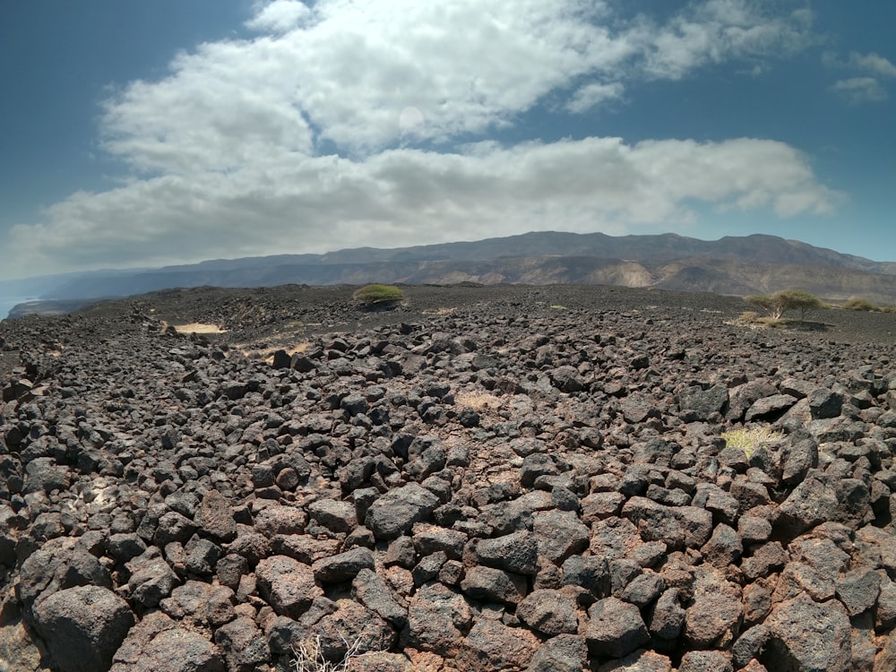 a rocky area with hills in the background