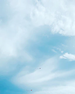 A vast, open sky dominates the scene, featuring two small kites with long tails soaring near the bottom of the image. The kites, one red and one purple, are set against a backdrop of light blue sky and wispy white clouds.
