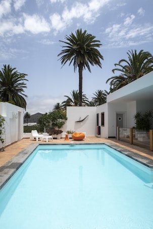 A pristine swimming pool is surrounded by a modern patio and contemporary furniture, featuring a minimalist design. Tall palm trees extend skyward, enhancing the tropical atmosphere under a partially cloudy sky.
