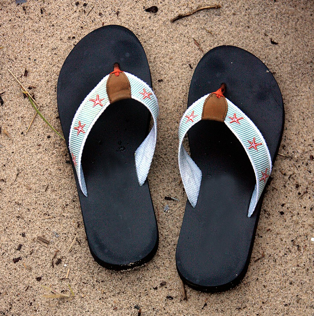 a pair of flip flops on the sand