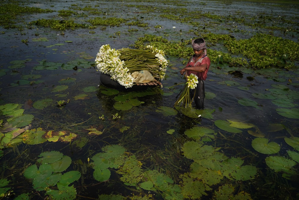 a person standing in a pond