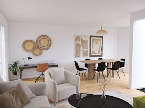 a room with a table chairs and a couch