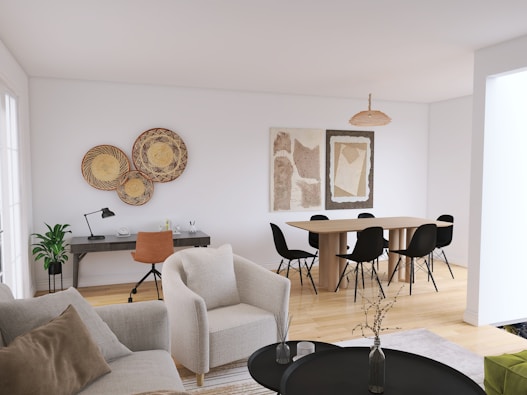 a room with a table chairs and a couch