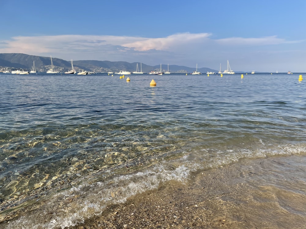 a body of water with boats in it and mountains in the background