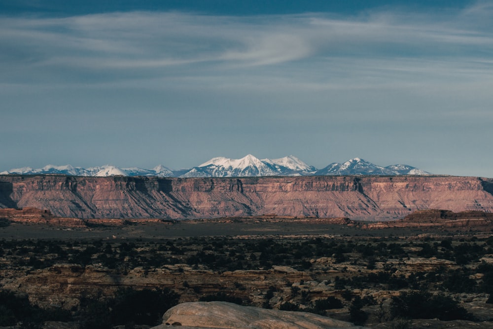 a large canyon with snow covered mountains