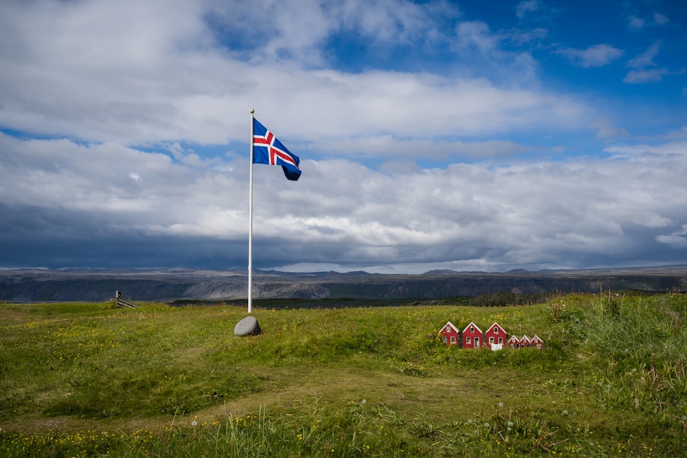 a flag on a pole in a field