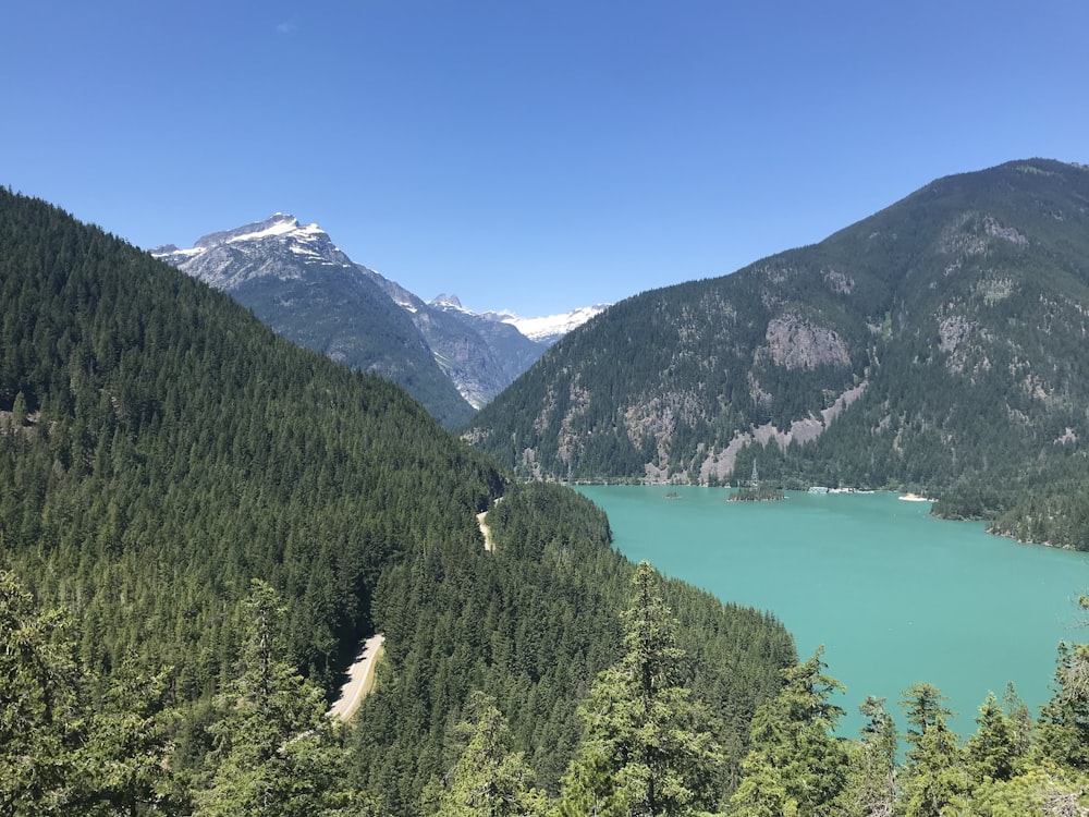 a lake between mountains