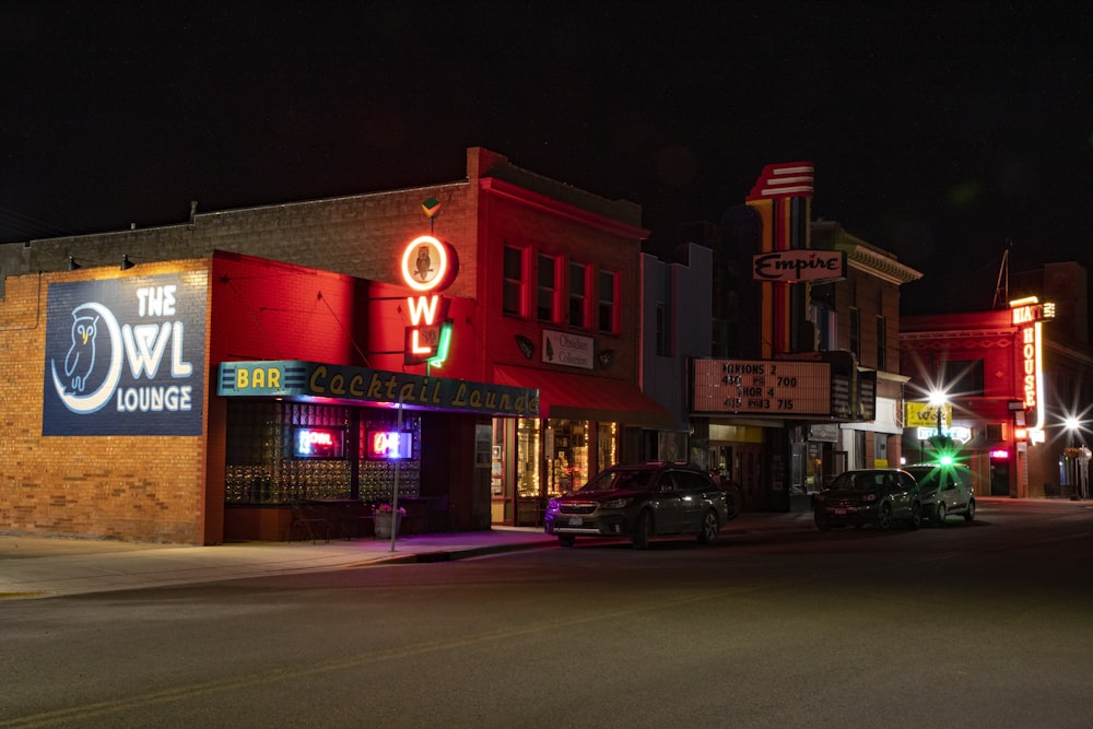 a building with neon signs