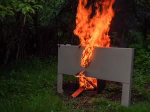 In a forested area, a wooden beehive or box is engulfed in bright orange flames, with intense fire rising upward against a backdrop of lush greenery.