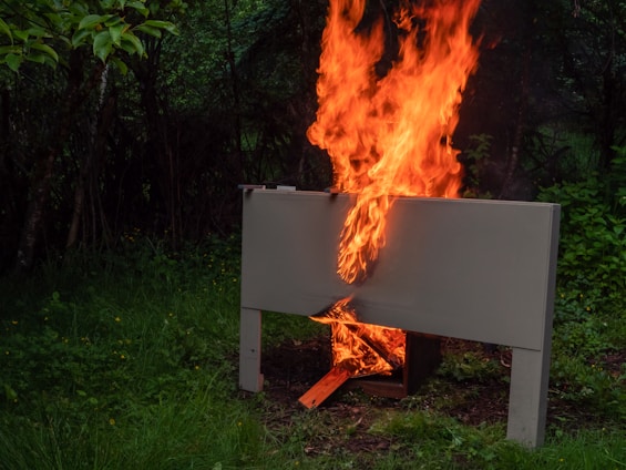 In a forested area, a wooden beehive or box is engulfed in bright orange flames, with intense fire rising upward against a backdrop of lush greenery.