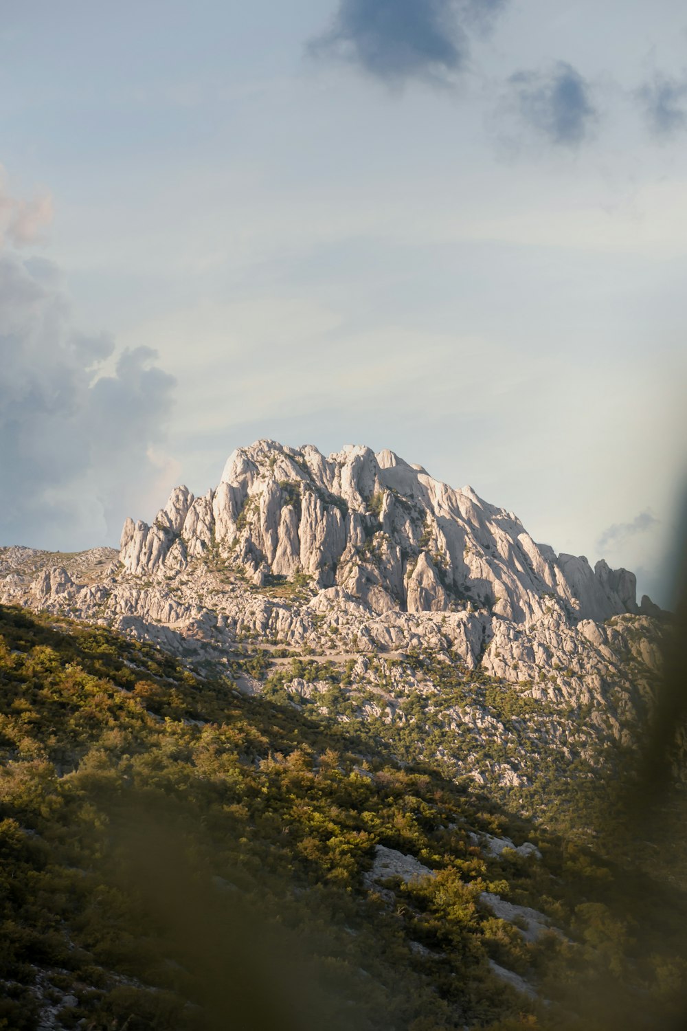 a mountain with trees and a body of water below