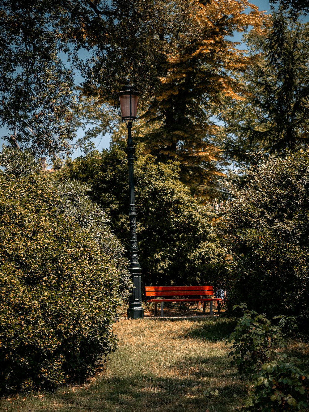a lamp post next to a bench