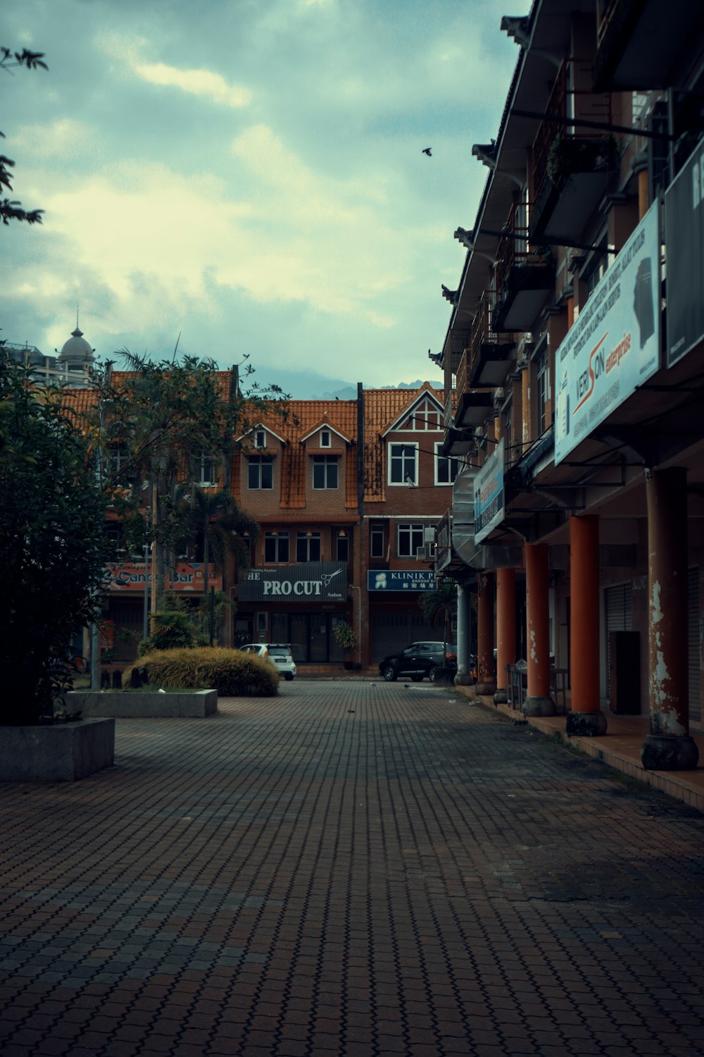 a brick road with buildings on either side of it