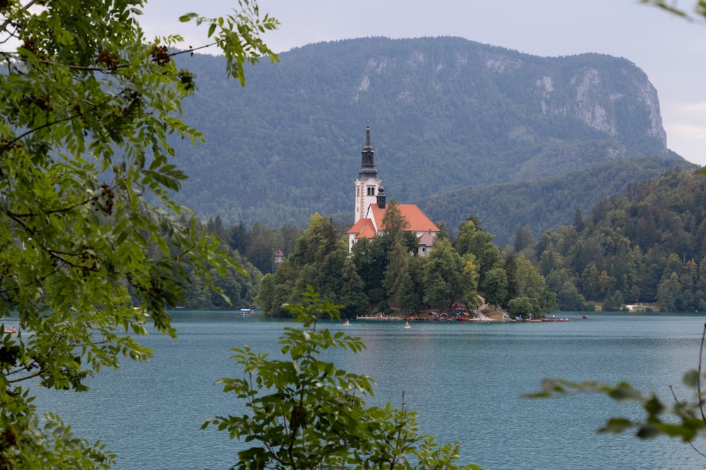 Lake Bled on a hill by a lake