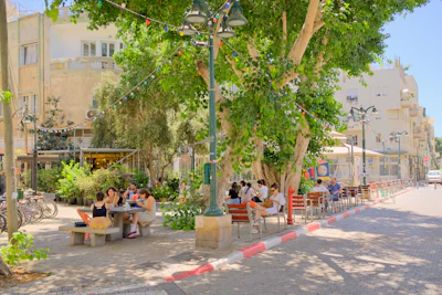 a group of people sitting on benches