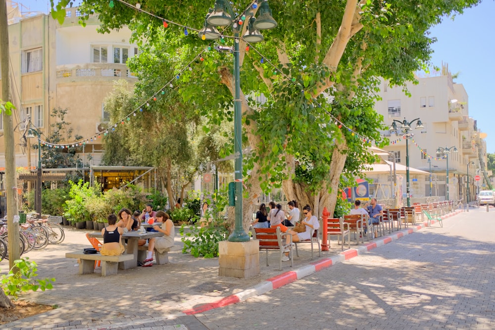 a group of people sitting on benches