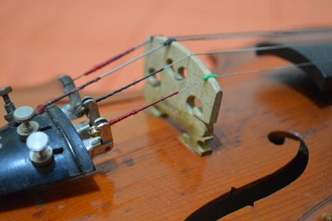 Close-up view of a violin's bridge and tailpiece, with strings visible and resting on the bridge. The wood texture of the violin and the metal parts of the tailpiece are clearly shown.