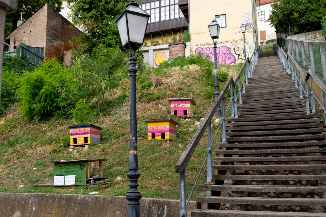 a staircase with a lamp post and a lamp post,