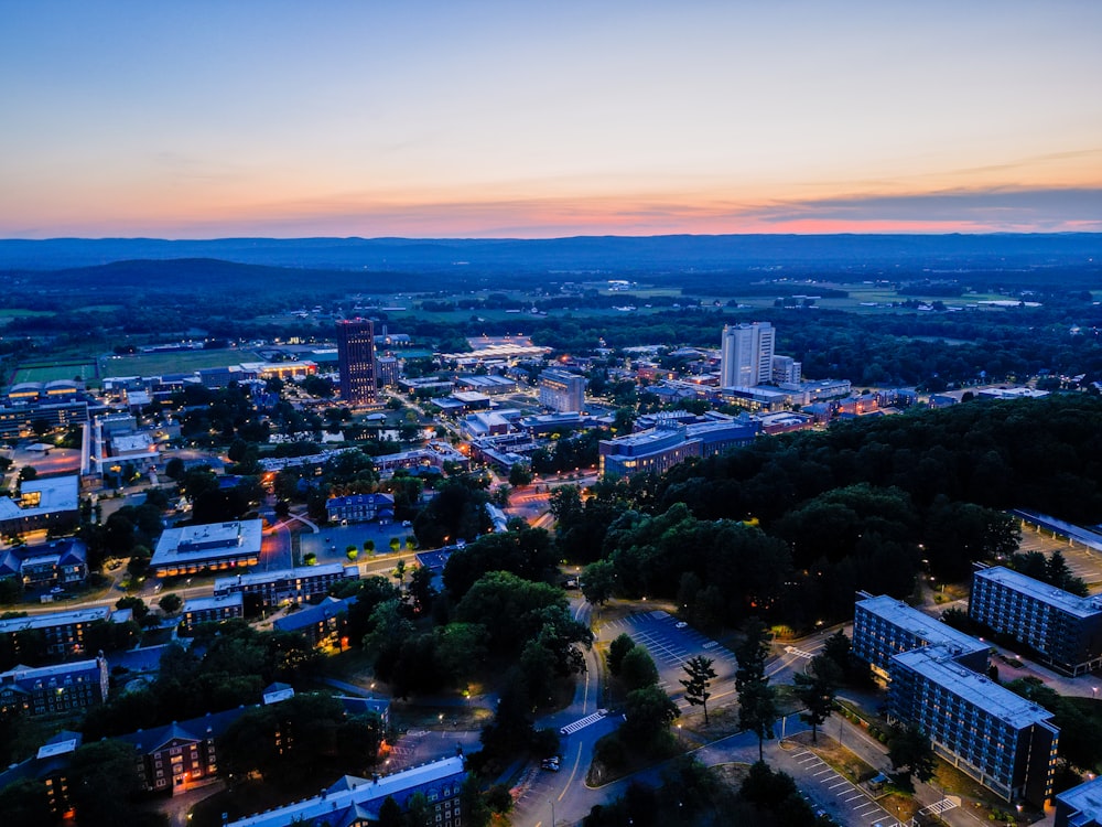 a city with buildings and trees