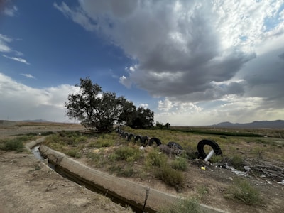 A landscape with a large tree on the left side, several old tires scattered on the ground, and a concrete irrigation ditch in the foreground. The sky is filled with dramatic clouds, creating a dynamic contrast with the open field and distant mountains.