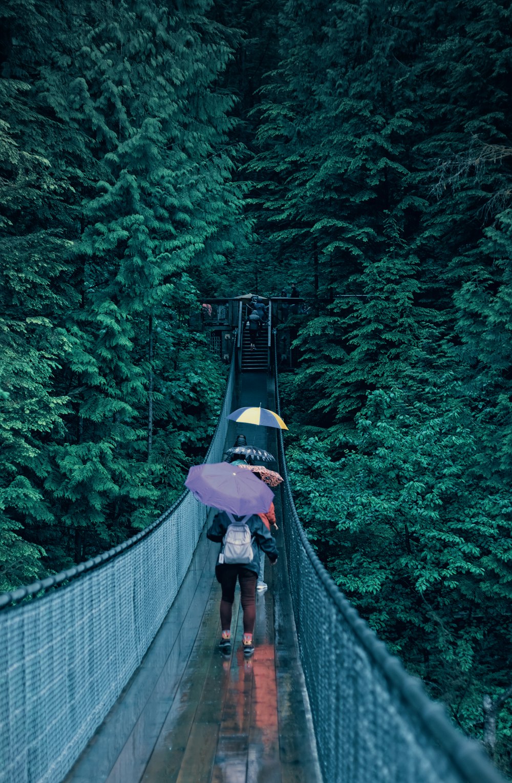 a person walking on a bridge with an umbrella