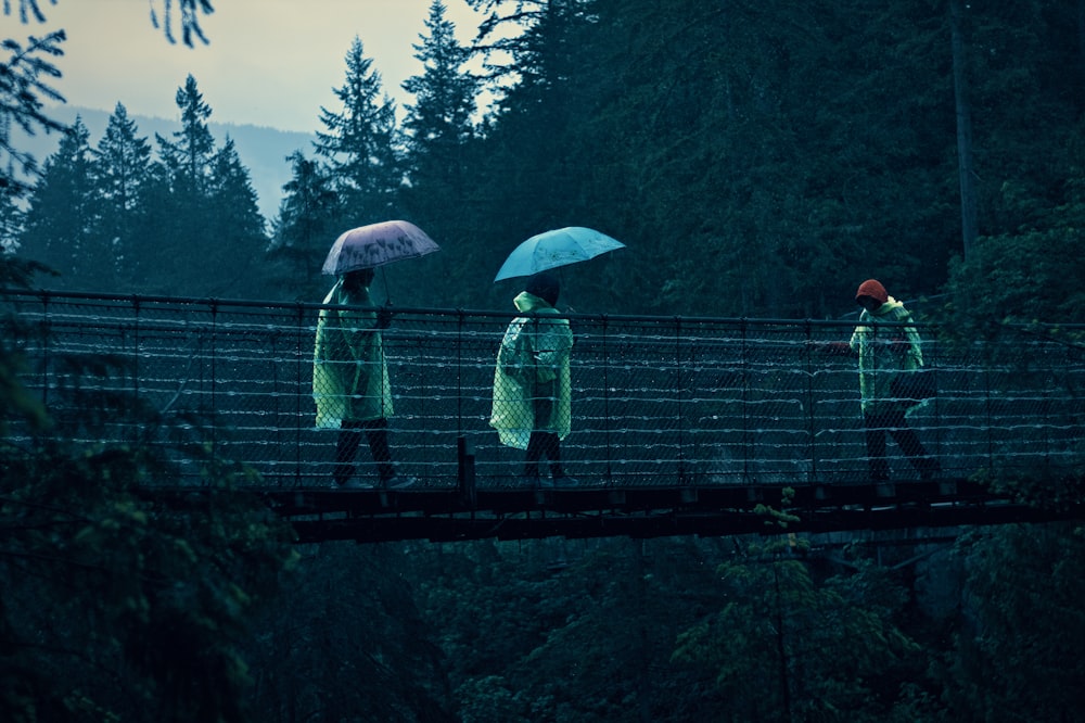 people with umbrellas on a bridge