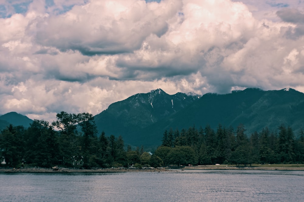 a body of water with trees and mountains in the background