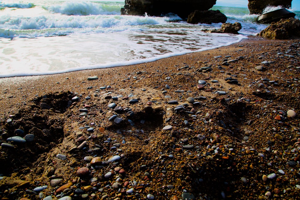 una playa rocosa con una gran cantidad de rocas y un cuerpo de agua