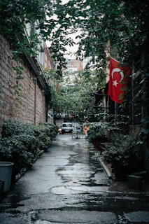An alleyway lined with leafy green plants, and a Turkish flag displayed on the right side. The ground is wet, suggesting recent rain, and a parked car is visible in the distance. Chairs and tables are set up along the right side, hinting at an outdoor seating area, perhaps for a café.