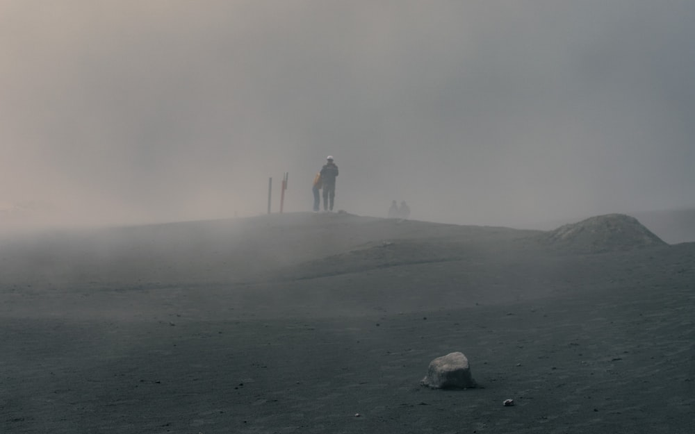 a couple people standing on a hill