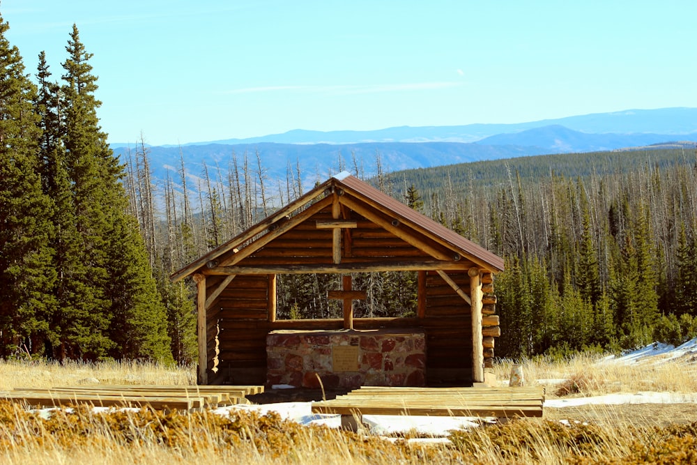 a wood building in the middle of a forest