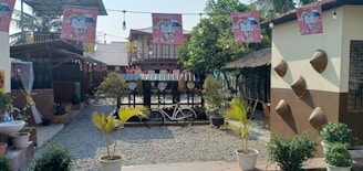 A charming outdoor space decorated with artistic ornaments.