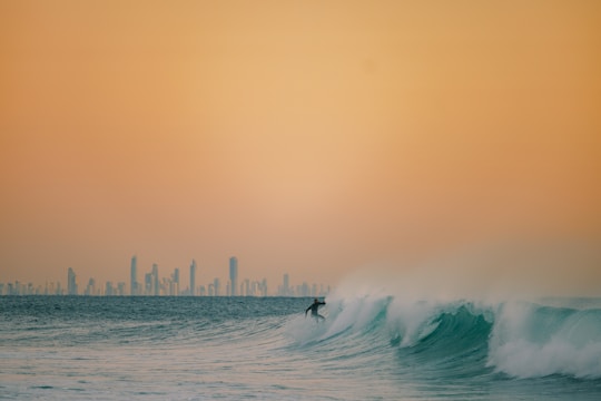 A surfer silhouetted against a fiery sunset, with a hospital skyline faintly visible in the background.