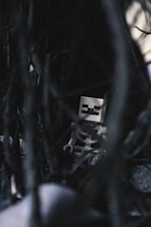 A small skeleton toy figure is nestled among dark, tangled branches and shadows. The setting is dimly lit, creating a mysterious and eerie atmosphere.