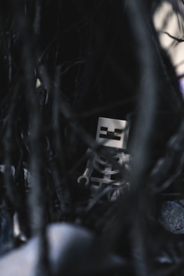 A small skeleton toy figure is nestled among dark, tangled branches and shadows. The setting is dimly lit, creating a mysterious and eerie atmosphere.