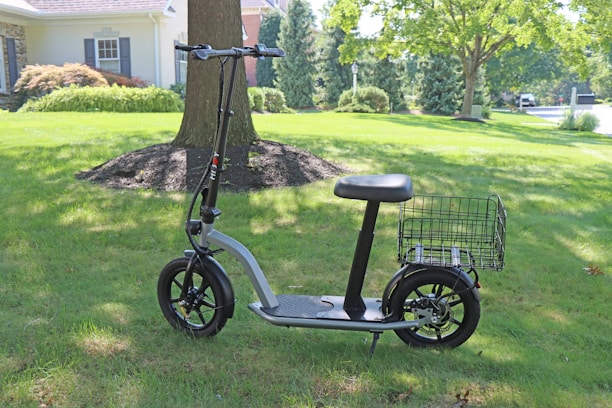 An electric scooter with a black frame and a seat is parked on a grassy lawn. It features a wire basket attached to the rear. The background includes a tree, surrounding greenery, and a residential house partially visible with a cream facade and a window.