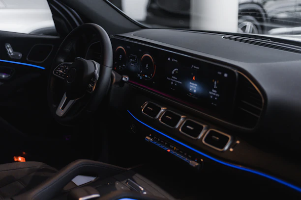 A modern digital dashboard interface with futuristic blue and yellow accents.