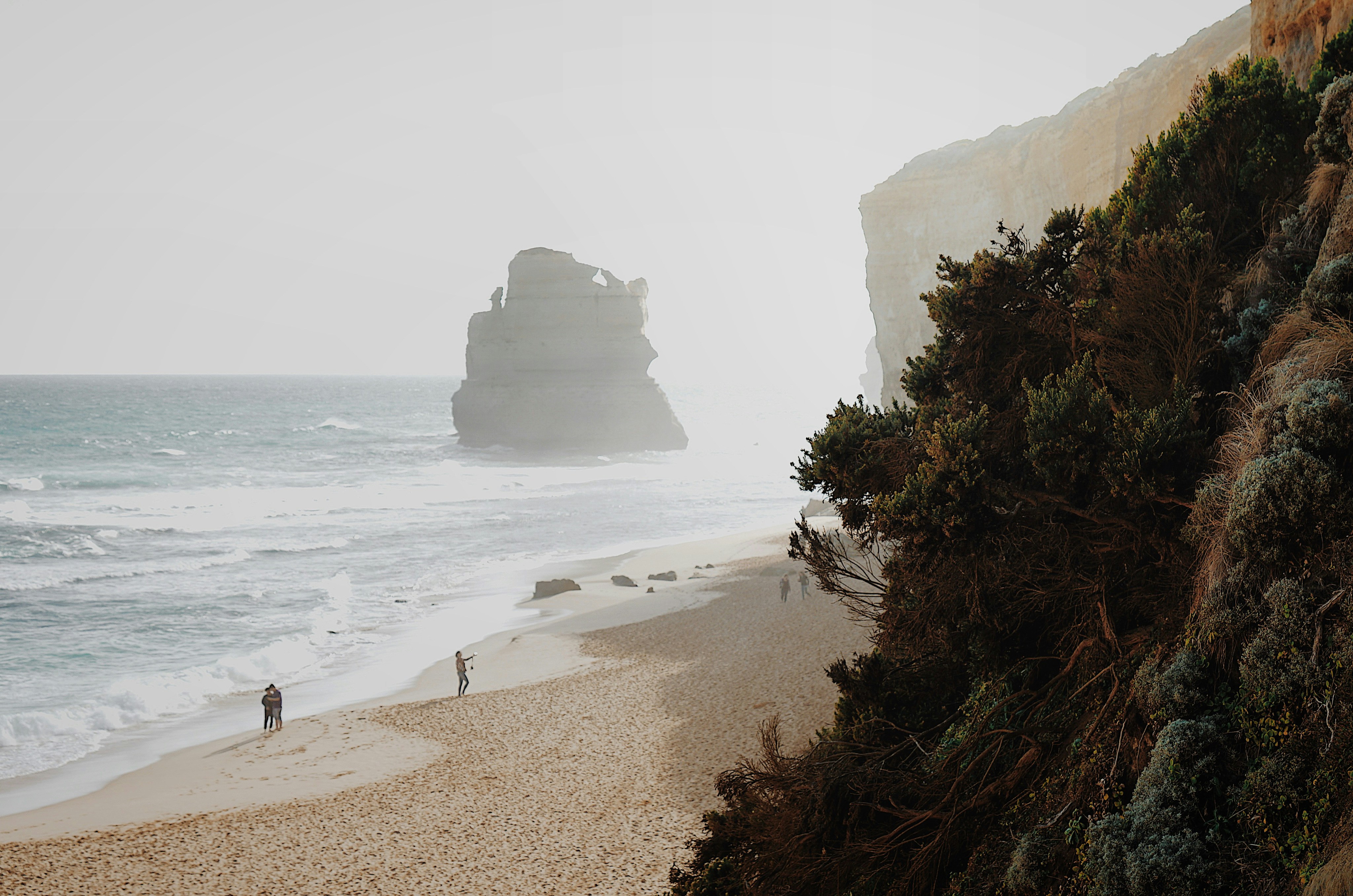 a beach with people walking on it