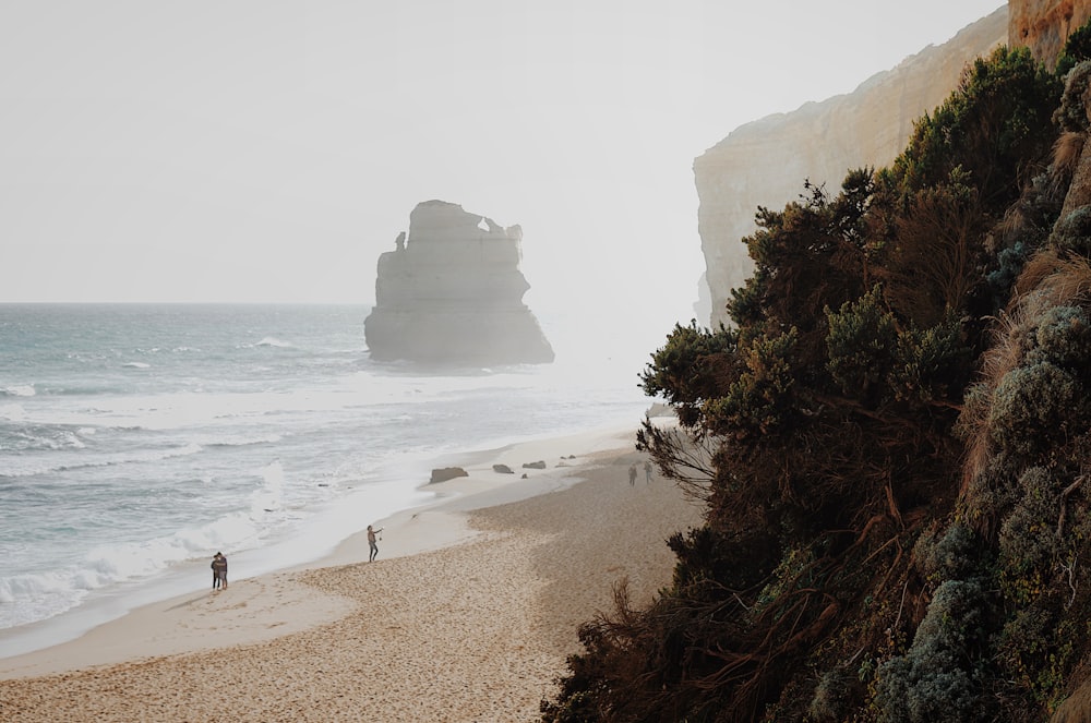 a beach with people walking on it