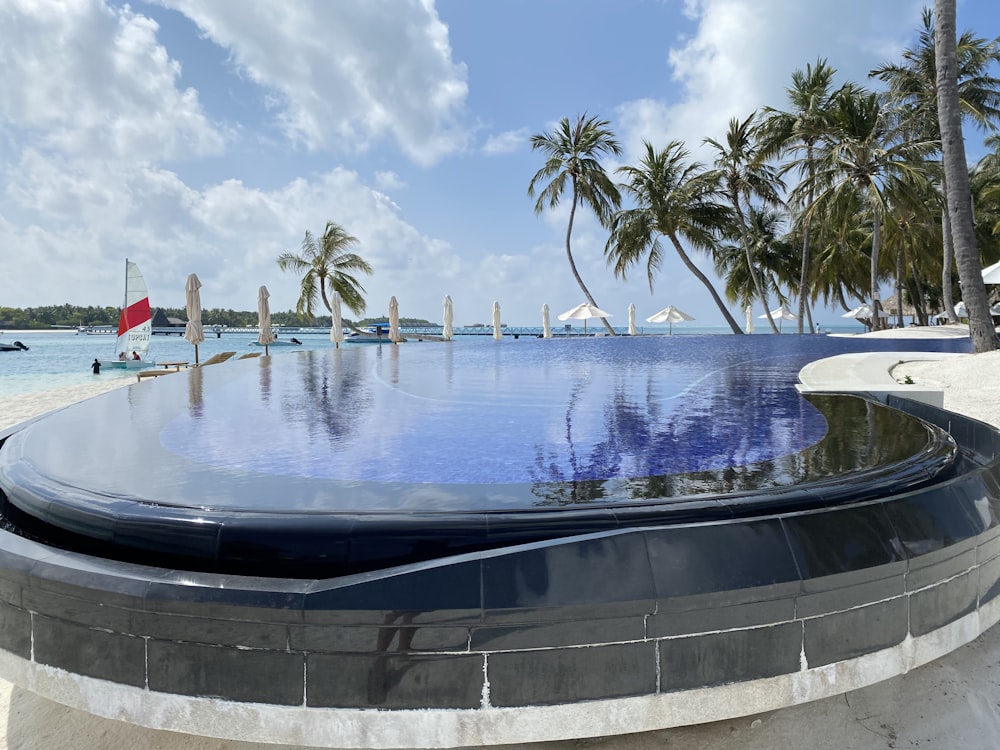 a pool with a fountain in it