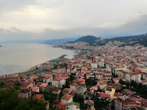 An urban coastal area is displayed with a densely built cityscape featuring numerous buildings with red rooftops and a mix of low-rise and high-rise structures. A large body of water borders the city on one side with a curved shoreline, and a range of green hills and mountains are visible in the background under a cloudy sky.