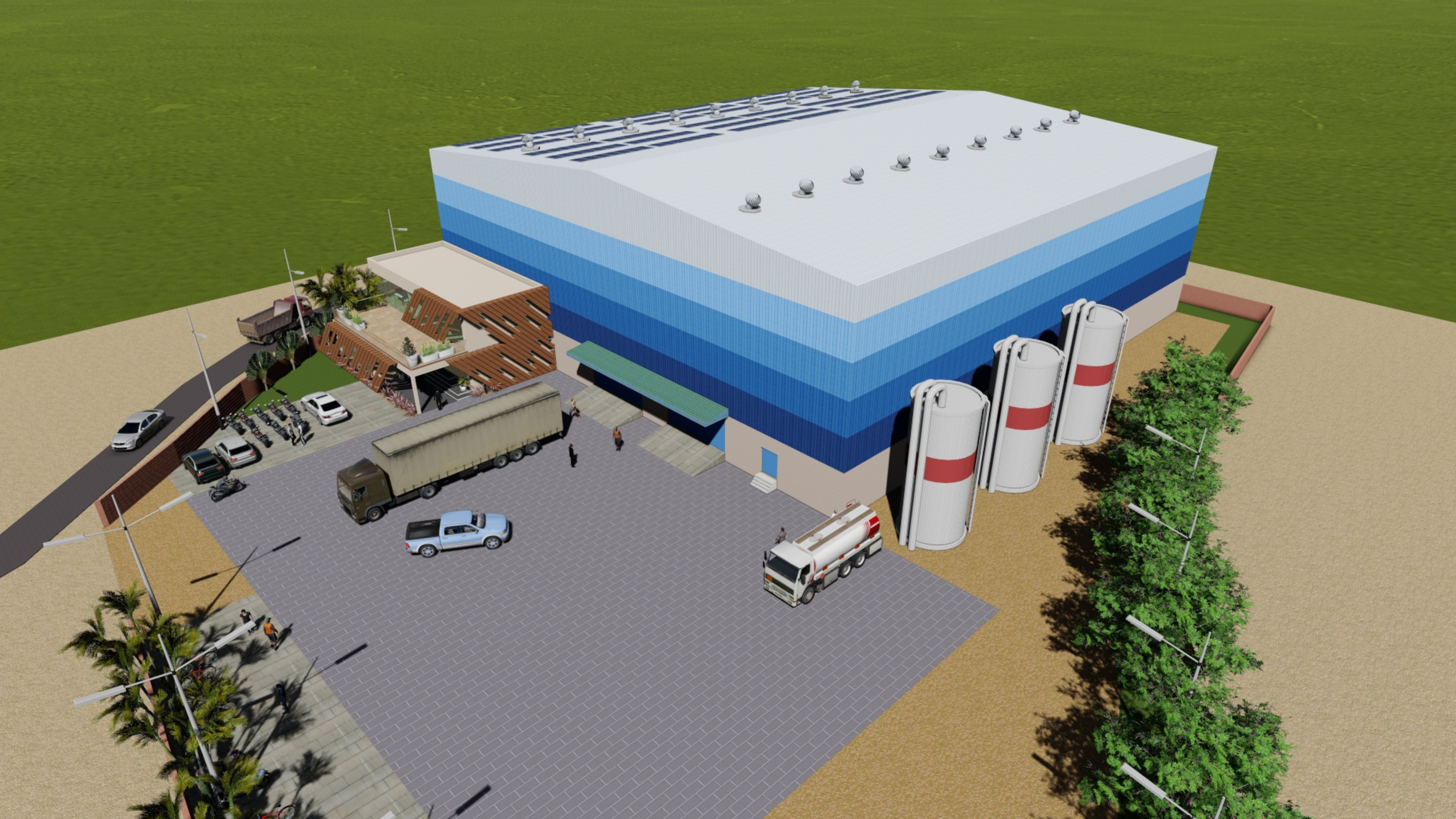 Modern waste management facility with solar panels and green technology equipment
