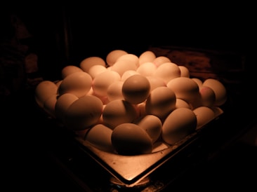 A dimly lit setting features a pile of eggs illuminated by warm, soft light. The eggs are stacked closely together, creating a sense of abundance and serenity. The dark background contrasts with the glowing eggs, emphasizing their smooth texture.