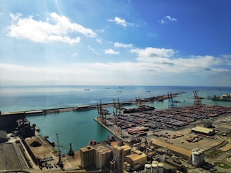 a port with a bridge and a body of water