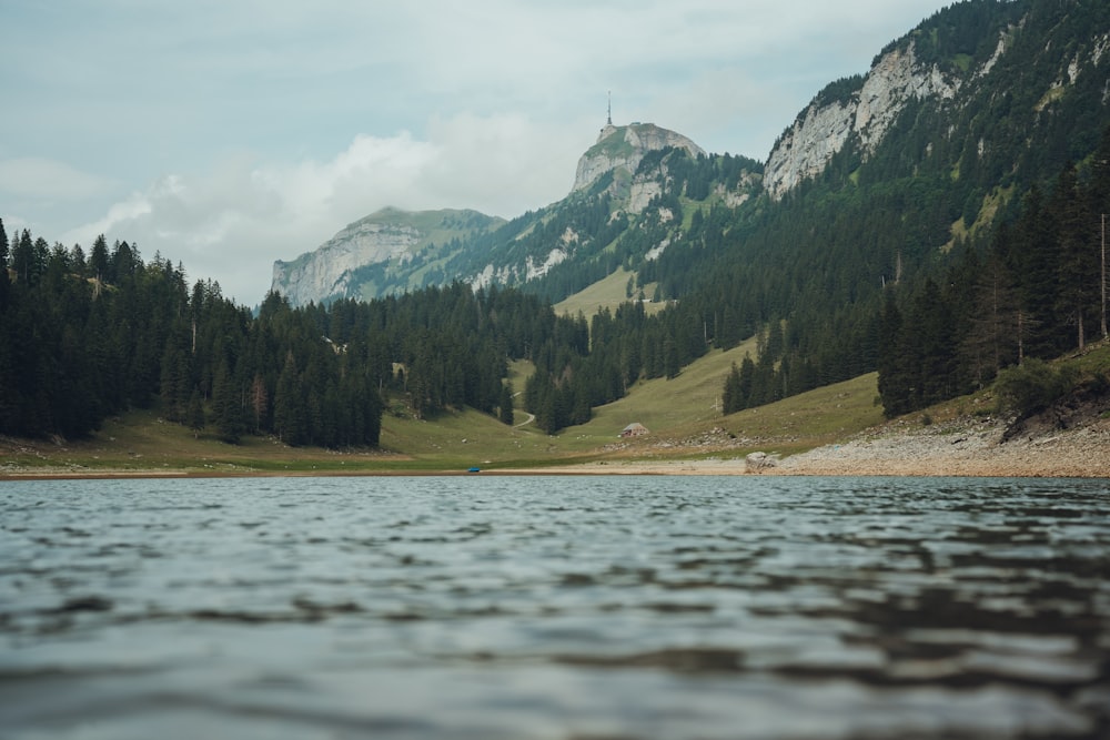 a lake with mountains in the background