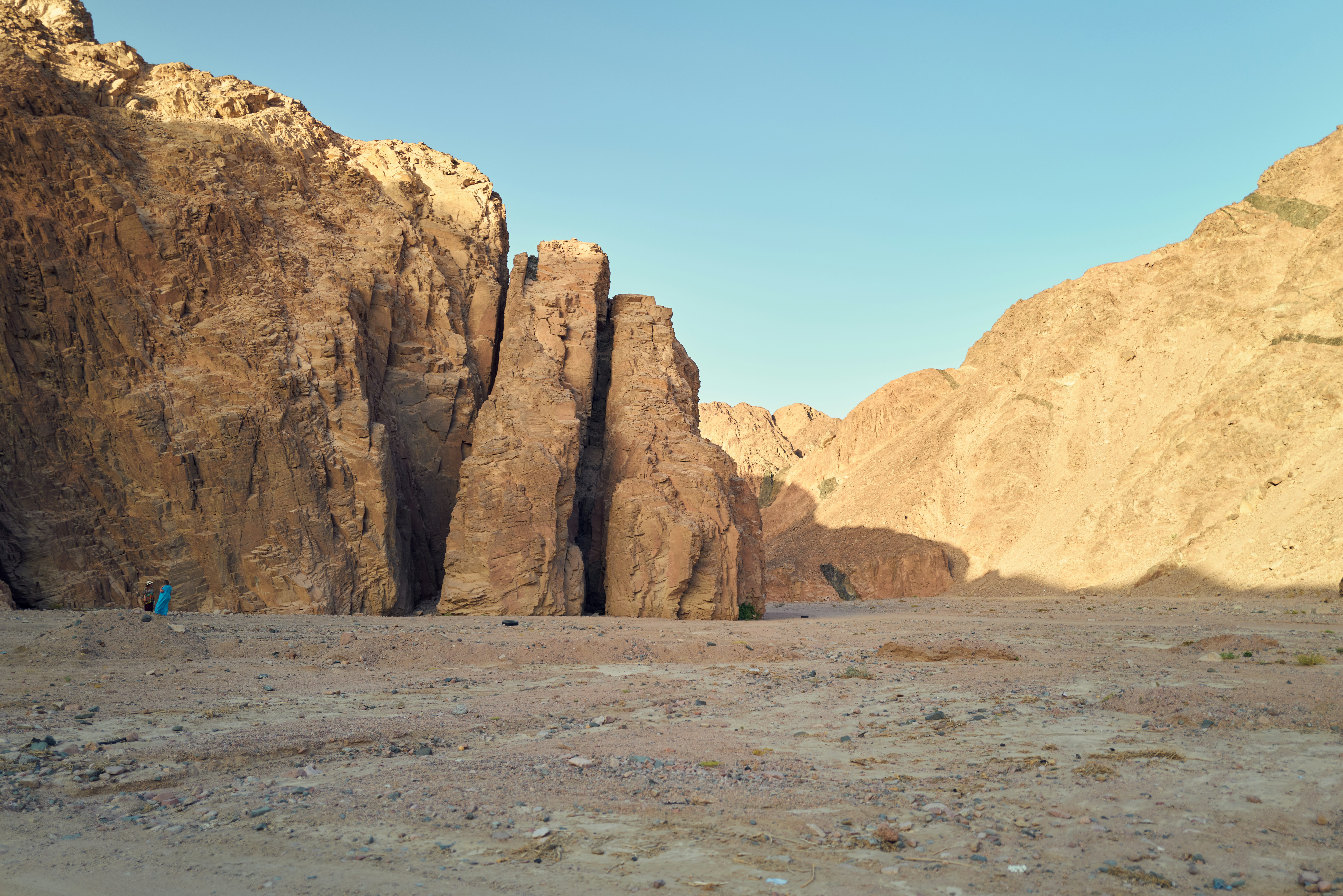 A person standing in a desert with valley of the queens in the background